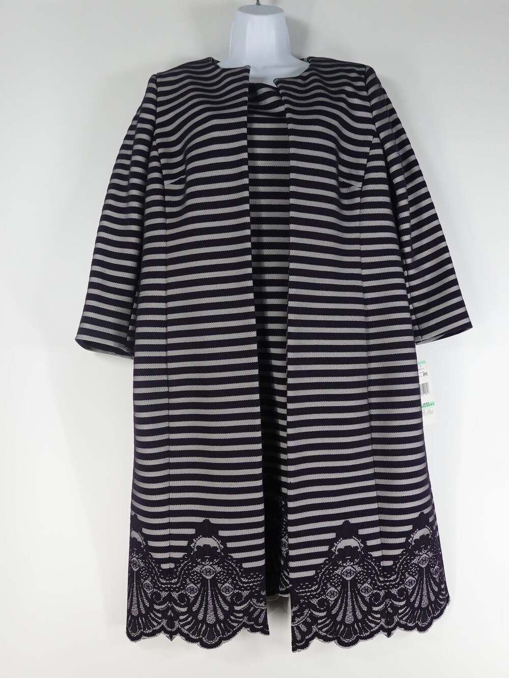 Albert Nipon 2 Pc Dress Suit Women 8 Sheath Long Jacket Navy Striped Lace NEW